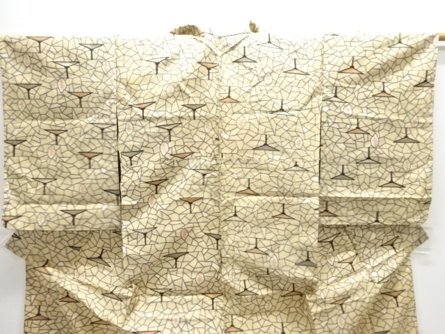  アンティーク　葉模様織出し銘仙単衣着物